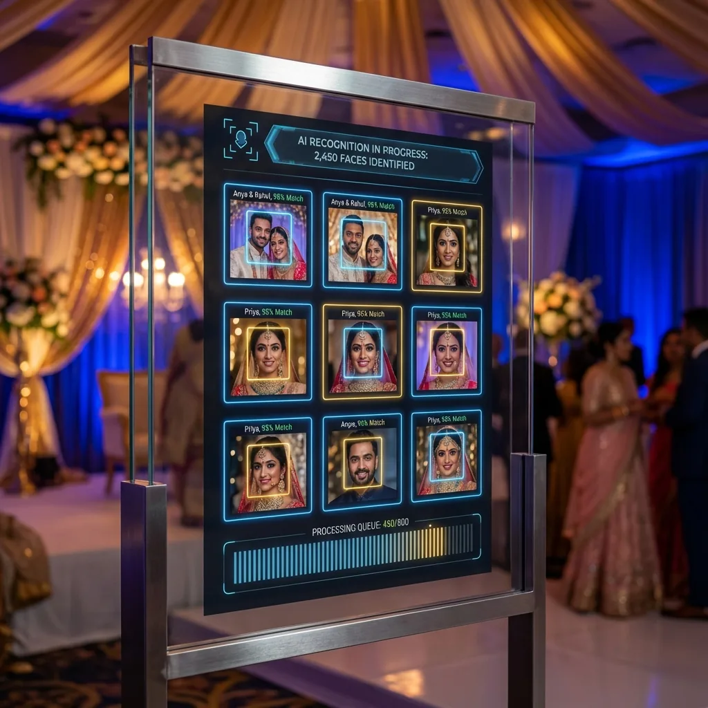 ShaadiShots desktop app showing face recognition matching guests to event photos in real time